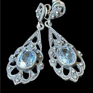 Vintage Art Deco Marcasite Earrings with Blue Topaz